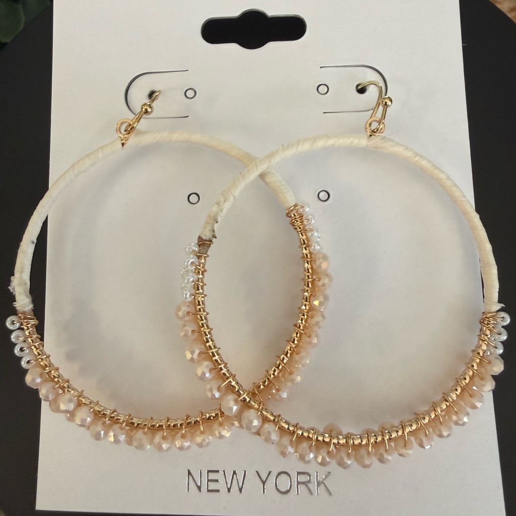 New Chic Gold And Cream Beaded Hoop Earrings